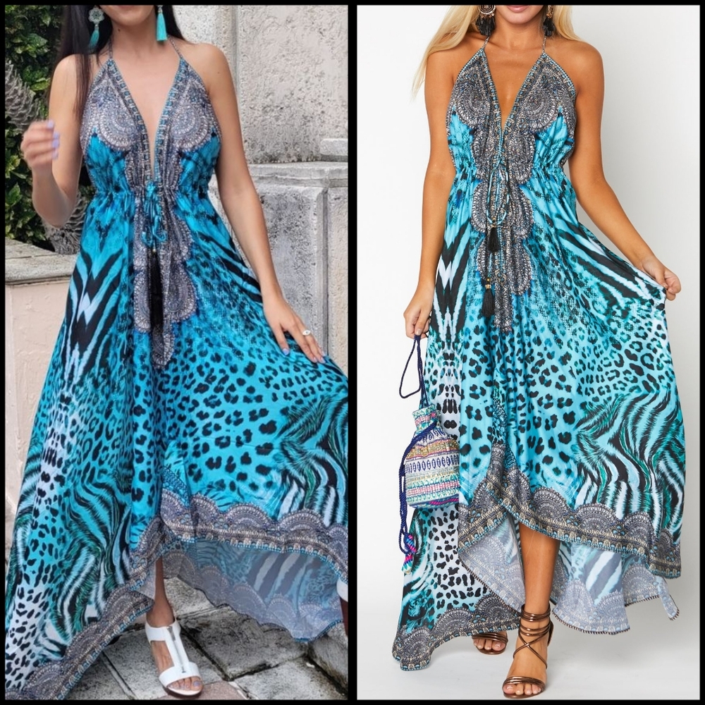 EUC Ranees Blue Animal Print Halter Hawaii Dress 649 ONE SIZE